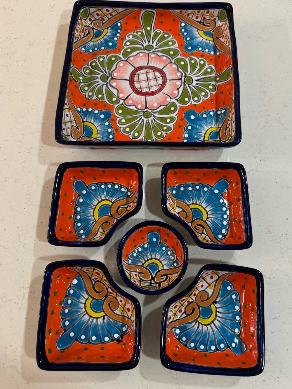 Mexican Talavera Chip/Appetizer Sectional Square Serving Tray Dish 6 piece